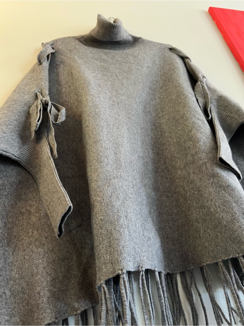 Love Token Gray Turtleneck Fringe Poncho with Side Ties - Picture 4 of 8